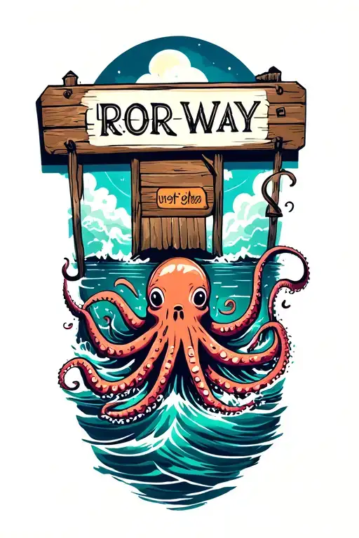 ocean scene with giant squid small island with two way wooden sign tattoo design idea