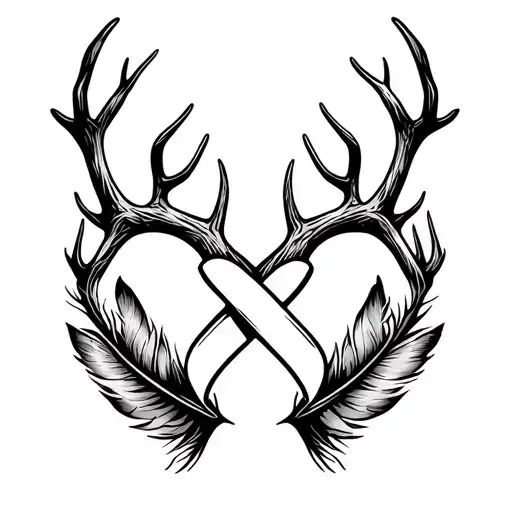 Deer Antlers , turkey feather and cancer ribbon fine line tattoo design idea