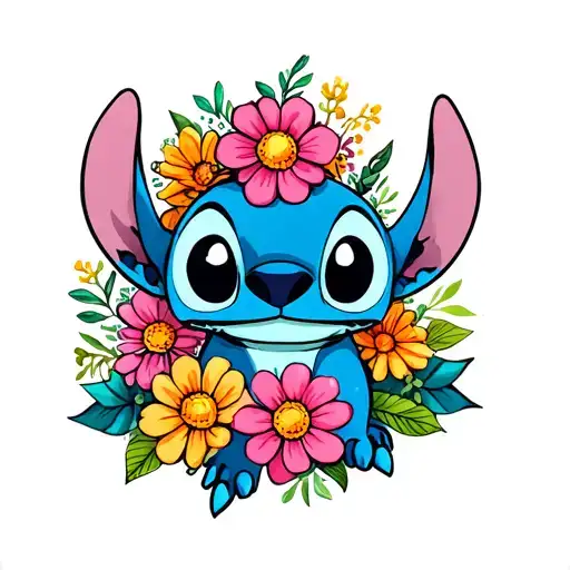 stitch with flowers tattoo design idea