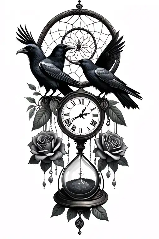 dreamcatcher, cracked hourglass, clocks, roses, two raven perched tattoo design idea