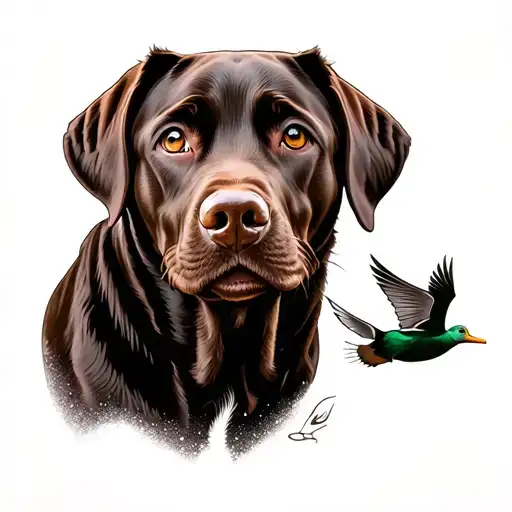 chocolate lab with drake duck flying over it tattoo design idea