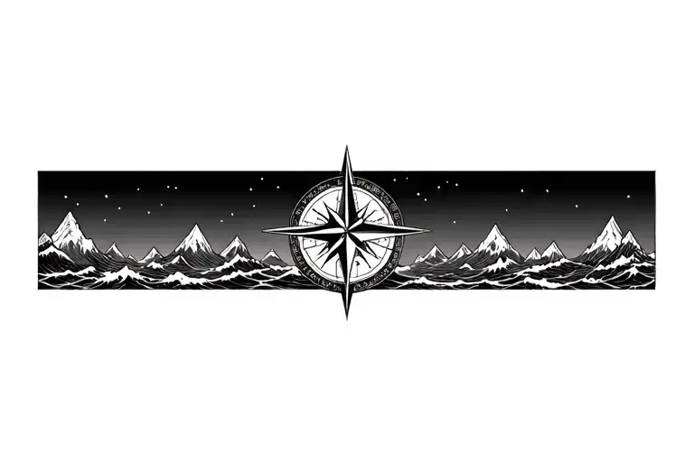 large compass surrounded by intricate geometric mountains and crashing waves, black and white, add triangle frame tattoo design idea