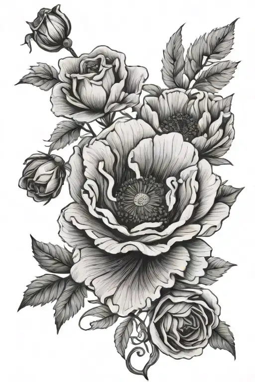 poppy flower rose heather flowers intertwined tattoo design idea