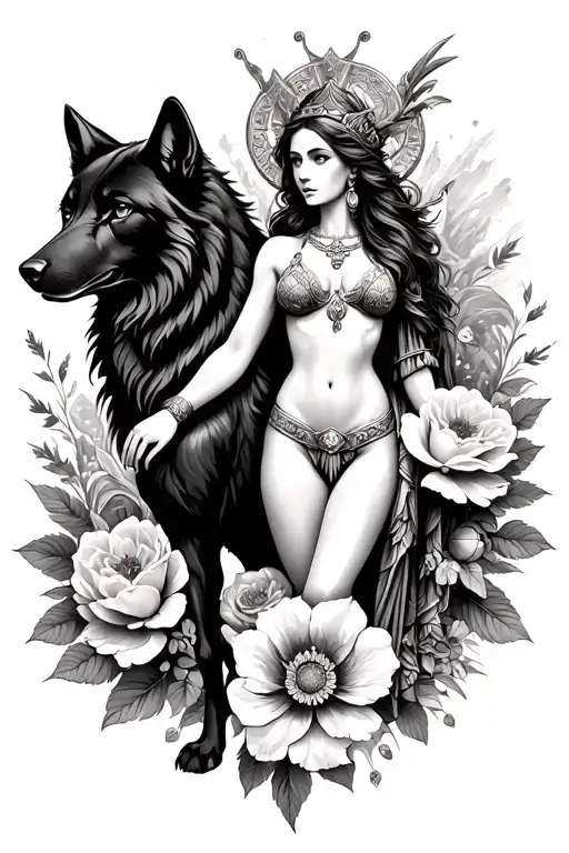 Aries sexy Athena goddess surrounded by poeny flowers and black wolf with mountains  tattoo design idea