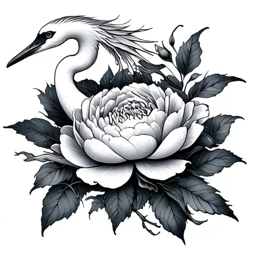 crane and peony flower wrapped tattoo design idea