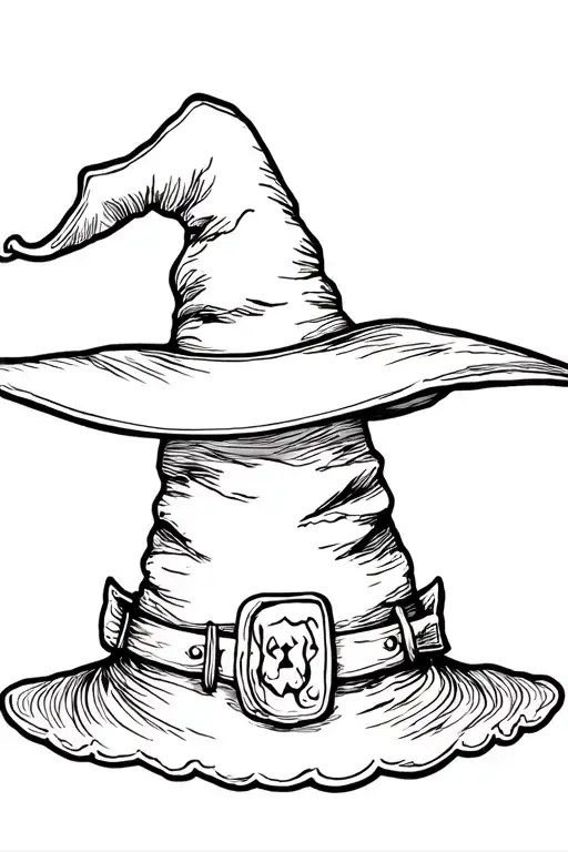 "Tiny witch hat tattoo design with clean black line art, simple shading, minimal details, white background" tattoo design idea