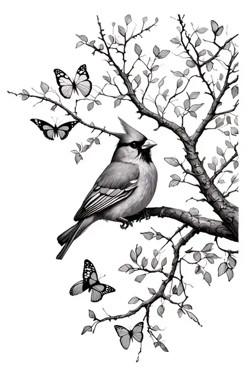 cardinal, tree silhouette, butterflies tattoo design idea
