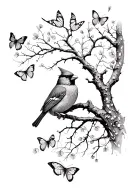 cardinal, tree silhouette, butterflies tattoo design idea