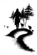 A winding path starting from the wrist with a shepherd’s staff standing tall in the middle. Silhouettes of sheep walking tattoo design idea