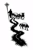A winding path starting from the wrist with a shepherd’s staff standing tall in the middle. Silhouettes of sheep walking tattoo design idea