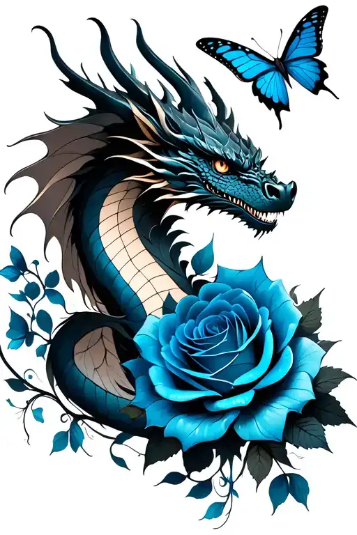 black dragon with blue roses and butterflies flying tattoo design idea