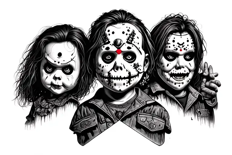 Please create a half sleeve tattoo showing most horror icons from the 80s including Chucky, Jason Vorhees and Freddy Kru tattoo design idea