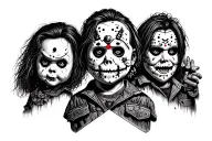 Please create a half sleeve tattoo showing most horror icons from the 80s including Chucky, Jason Vorhees and Freddy Kru tattoo design idea