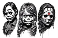 Please create a half sleeve tattoo showing most horror icons from the 80s including Chucky, Jason Vorhees and Freddy Kru tattoo design idea