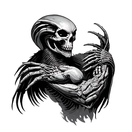  skull and predator fighting alien tattoo design idea