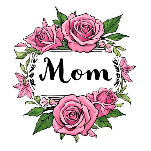 Mom Written with roses and pink lilles surrounding it tattoo design idea
