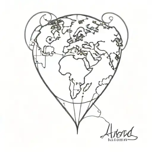 A sketch tattoo of a globe with a heart marking the locations where you have traveled with your family, showcasing your love for travel and creating memories with loved ones tattoo design idea