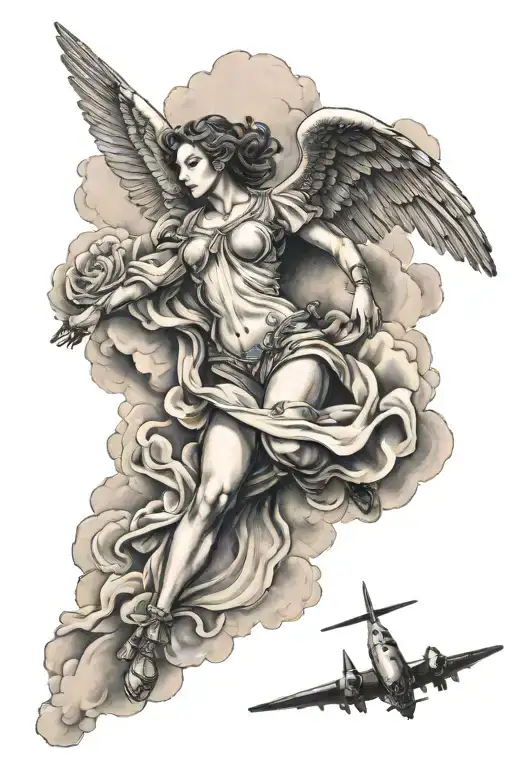 Navy angel ascending from heaven with b17 bombers flying around tattoo sleeve on upper arm tattoo design idea
