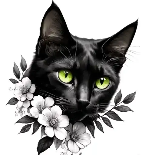 black cat green eyes flowers tattoo design idea