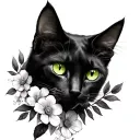 black cat green eyes flowers tattoo design idea