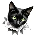 black cat green eyes flowers tattoo design idea