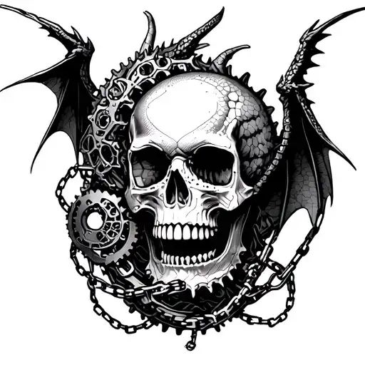 A dotwork tattoo of a skull with intricate motorcycle gears and chains wrapping around it, with dragon wings emerging from the sides, creating a unique and edgy design tattoo design idea