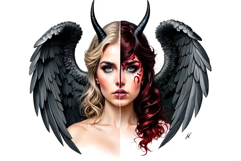 face of a woman, half angel half devil horns tattoo design idea