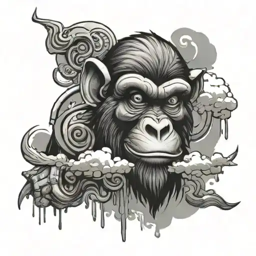 arcane monkey grafitti and clouds floating tattoo design idea