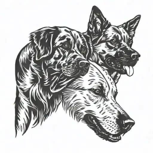 A tattoo design of two intertwined golden retriever and german shepherd silhouettes, representing the client's love for their pets and their partner tattoo design idea