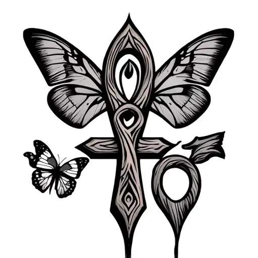 Ankh and wooden cross, moth and butterfly within tribal crusaders cross tattoo design idea