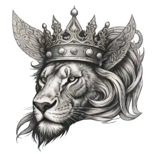 A lion with an injured closed right eye and wearing a cross-shaped crown. tattoo design idea