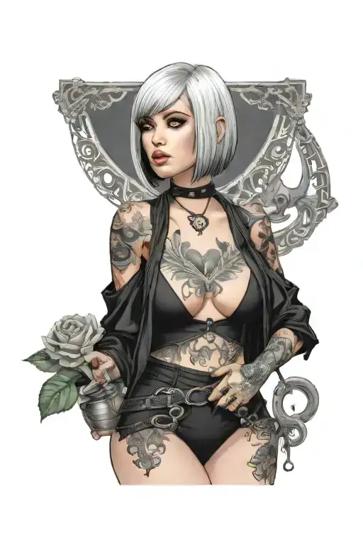 Sexy petite goth Woman with white short bob hairstyle, giant Boobs, Wide hips, G-String, Revealing bra, Full Body View tattoo design idea