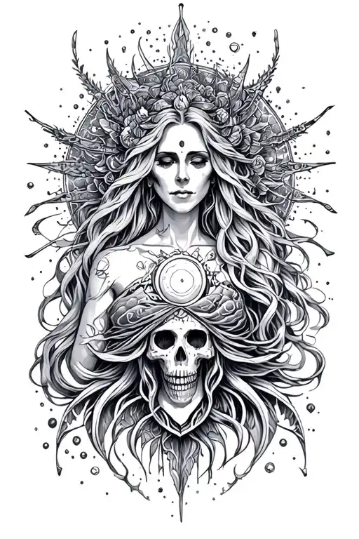 cosmic odyssey of transcending death and becoming one with the universe and a cosmic goddess  tattoo design idea