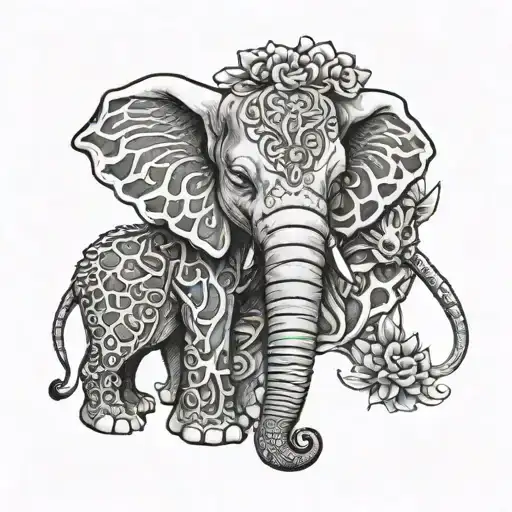 baby elephant next to baby giraffe and baby lion cuddling tattoo design idea
