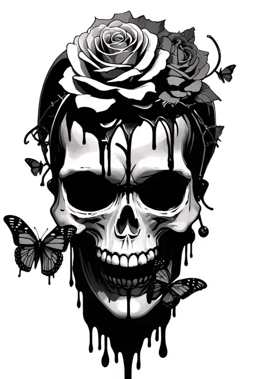 skull roses dagger in head blood dripping with barb wire wrapped around butterflies with a Harley Quinn approach  tattoo design idea