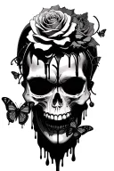 skull roses dagger in head blood dripping with barb wire wrapped around butterflies with a Harley Quinn approach  tattoo design idea