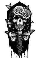skull roses dagger in head blood dripping with barb wire wrapped around butterflies with a Harley Quinn approach  tattoo design idea
