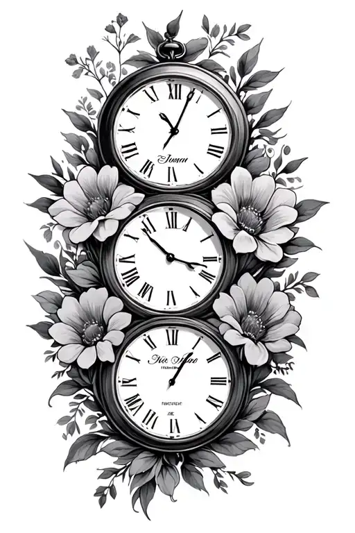 one big clock with three different birth dates add flowers  tattoo design idea
