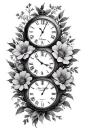 one big clock with three different birth dates add flowers  tattoo design idea