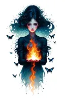 feminine figure holding glowing flame in her palms, surrounded by tiny moths and protective shadows — not afraid of fire tattoo design idea