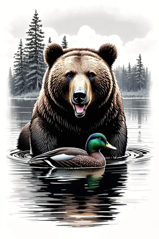 bear and mallard in a Minnesota lake surrounded tattoo design idea