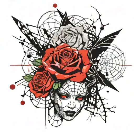 Evil chick bleeding eyes with blackwidows and roses with webs tattoo design idea