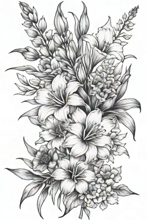 fine line gladiolus, poppy, aster, morning glory flower bouquet tattoo design idea