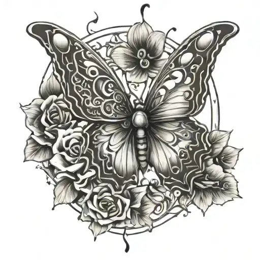 A highly detailed tattoo design of a butterfly, inspired by anime and manga art style, with the intense eyes of a manga  tattoo design idea