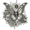 A highly detailed tattoo design of a butterfly, inspired by anime and manga art style, with the intense eyes of a manga  tattoo design idea
