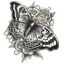 A highly detailed tattoo design of a butterfly, inspired by anime and manga art style, with the intense eyes of a manga  tattoo design idea