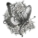 A highly detailed tattoo design of a butterfly, inspired by anime and manga art style, with the intense eyes of a manga  tattoo design idea