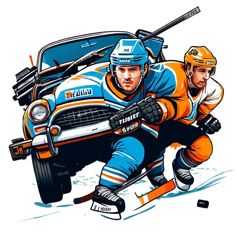 Russian style, cartoon about hockey players, 90s, crime, car, dengy, church, weapons, tattoo design idea