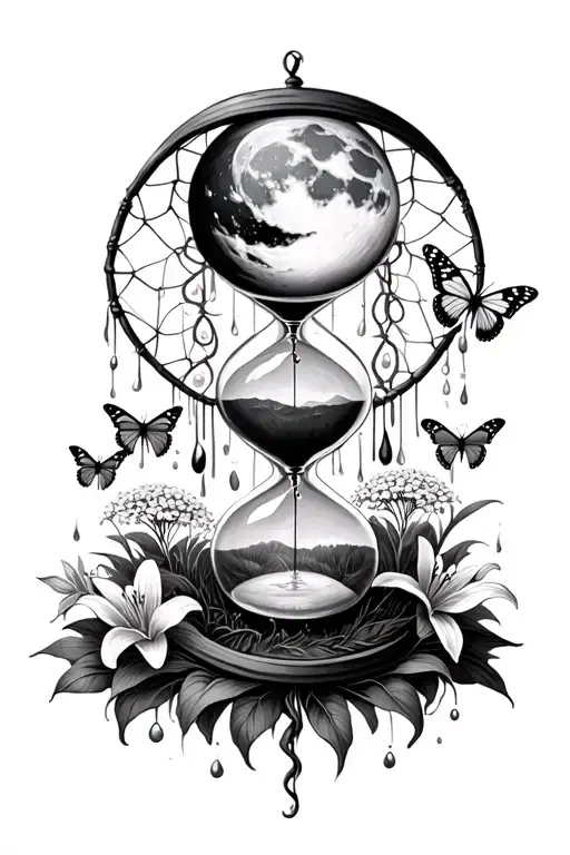 An hourglass moon dream catcher filled with lilies and butterflies Queen Anne's lace  nature tears broken depressed tattoo design idea