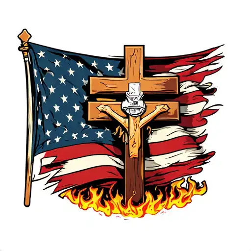 fire fighting flag and Christian cross surrounded tattoo design idea
